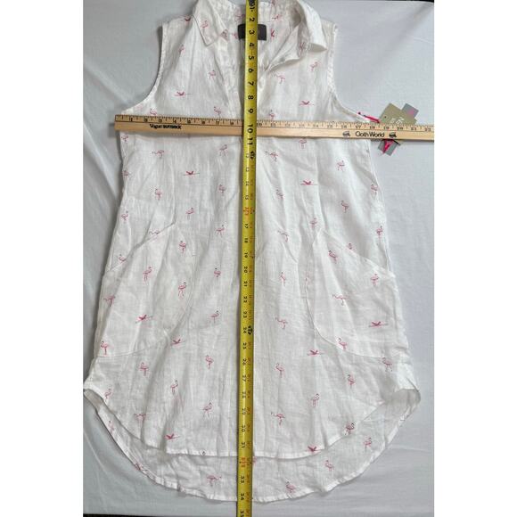 Forcynthia Beachwear 100% Linen Slvless cover up White Pink Flamingo‎ SMALL - Picture 3 of 10